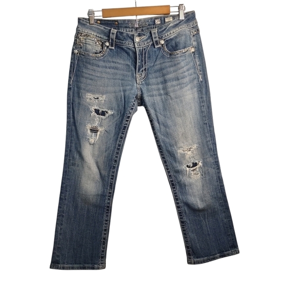 Miss Me Other - Miss Me Signature Women's Blue Crop Distressed Rhinestones Jeans Size 29